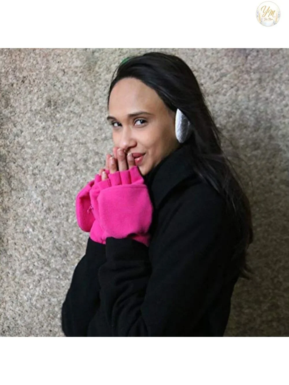 Fleece Fingerless Gloves With Zipper Pocket, Removable Hood, Grip Dots